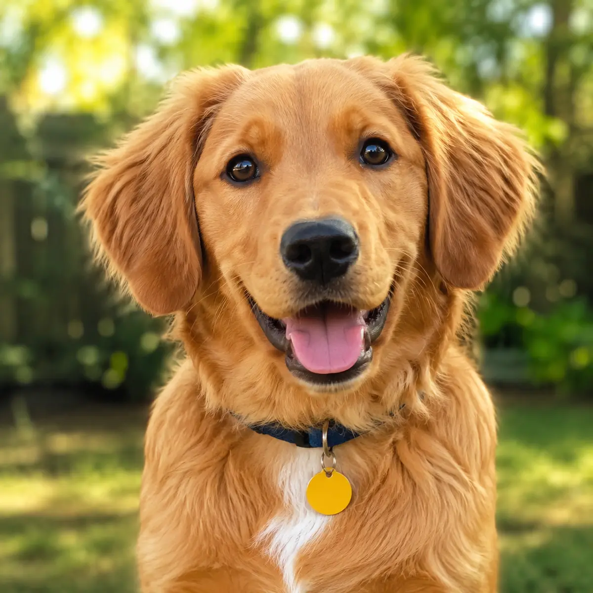 Waffles, a happy golden retriever mix puppy